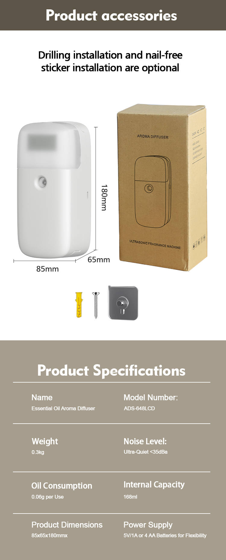 Wall Mounted Ultrasonic Aromatherapy Diffuser Waterless with 6V Voltage 2W Power