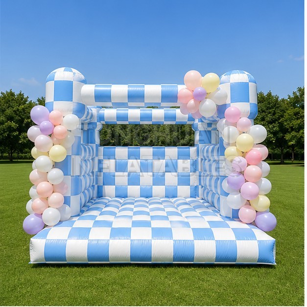 Luxury White Inflatable Bounce House with Elegant Pastel Checkerboard Design for Weddings Baby Showers Birthday Parties and Event Rentals