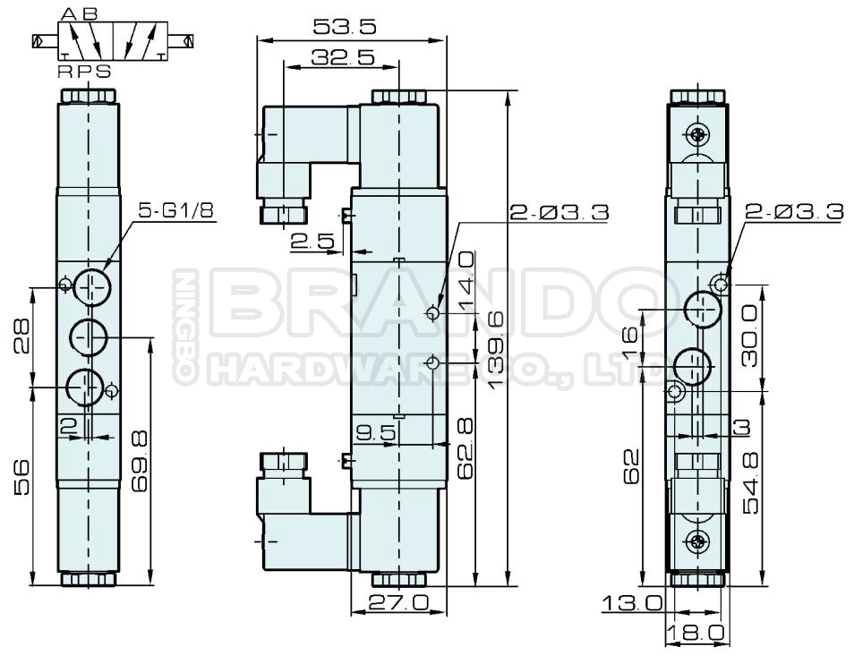 Dimension of 4V120-06 Pneumatic Solenoid Valve: