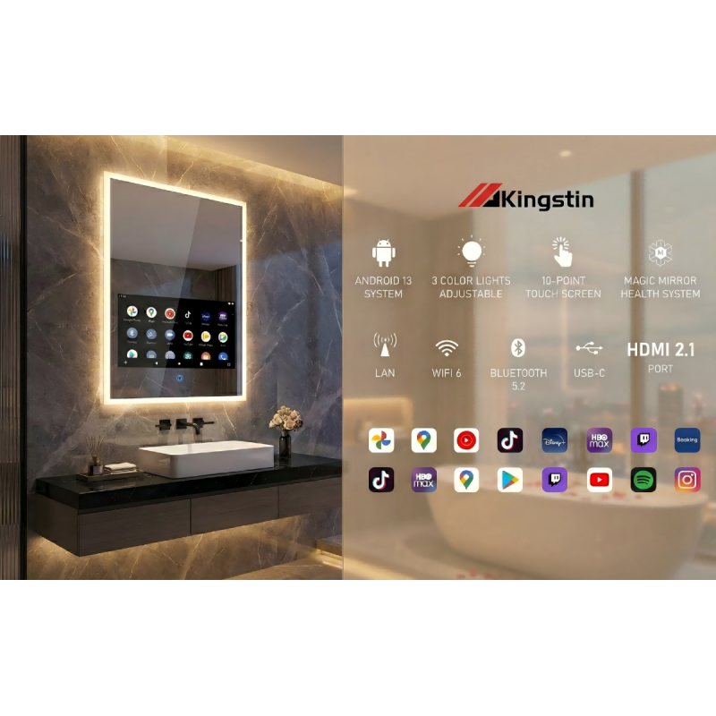 Kingstin Smart Mirror Cabinet: Android System, LED Backlit, Weather & Music Display, Touchscreen Bathroom Storage Solution
