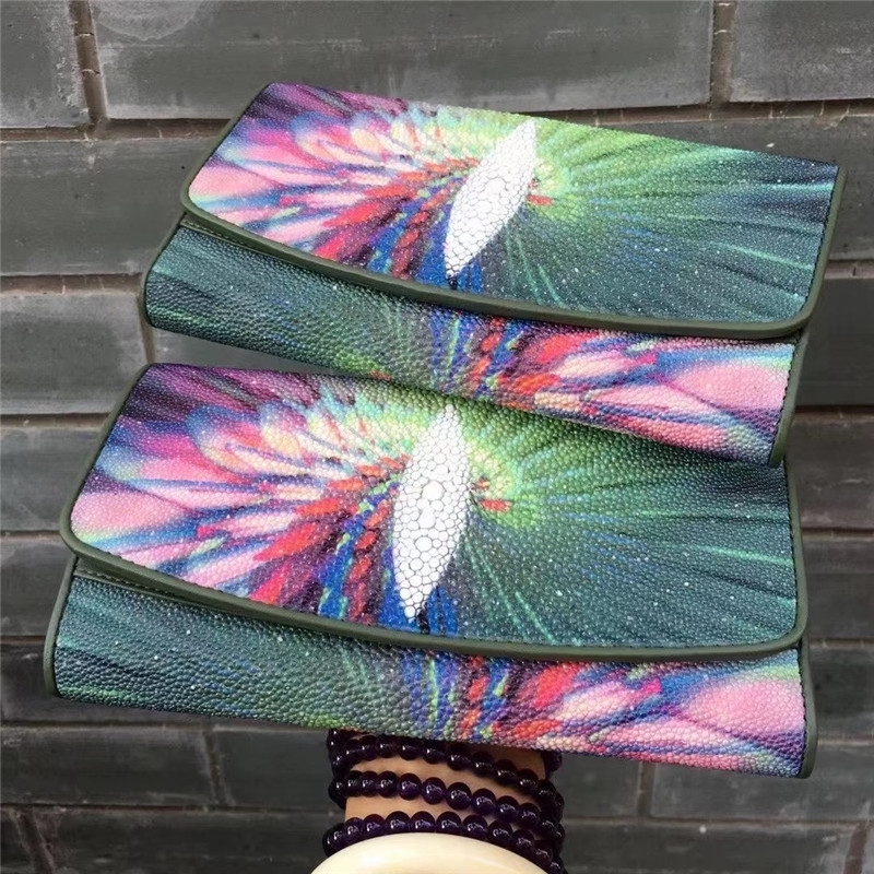 Thailand Authentic Stingray Skin Female Large Wallet Genuine Leather Lady Green Clutch Purse Women's Card Holders
