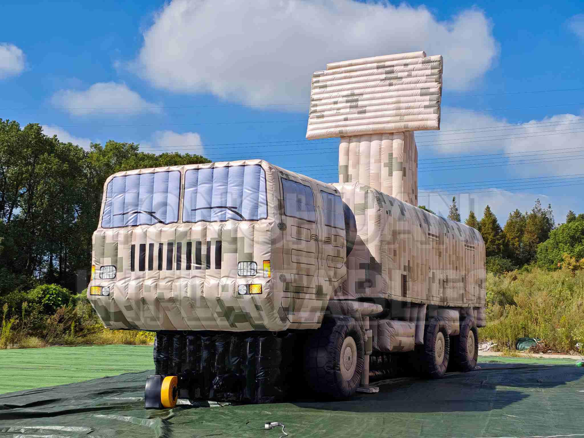 Custom Inflatable Radar Vehicle Decoy with Raised Rectangular Antenna Panel Detailed Truck Body and Camouflage Printing for Training Display Projects
