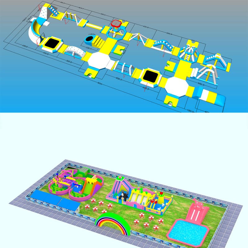 Modular Inflatable Water Park with Custom Floating Obstacle Course Slides Climbing Elements And Connected Play Platforms for Lake Resort Beach And
