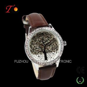 China Fancy diamond inset case unique tree design dial with color PU leather band for ladies wholesale