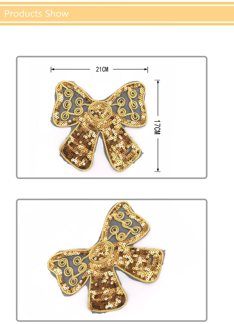 Golden Bow Rope Sequin Embroidery Patches 21*17CM Size With Merrowed Border