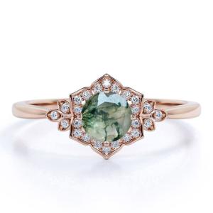 China Vintage Design 4 Prong Round Shape Milky White Druzy Moss Green Agate And Moissanite Floral Cluster Engagement Ring wholesale