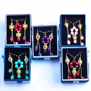 China Handmade Gemstone Beaded Necklace And Earring Set Copper Gold Plating wholesale