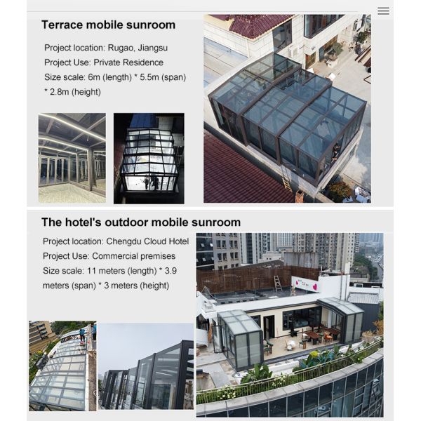 Customizable Electric Motorized Retractable Sunroom with Laminated Tempered Glass Roof for Outdoor Spaces