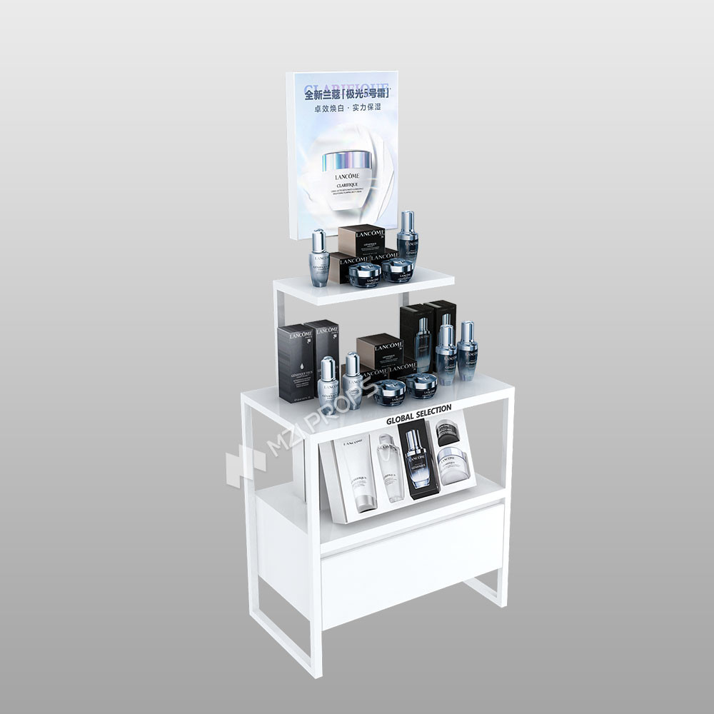 Cosmetic Store Stand White Laminated Display Rack with Light-box for Skincare Shop Decoration and Retail Shop Fitting