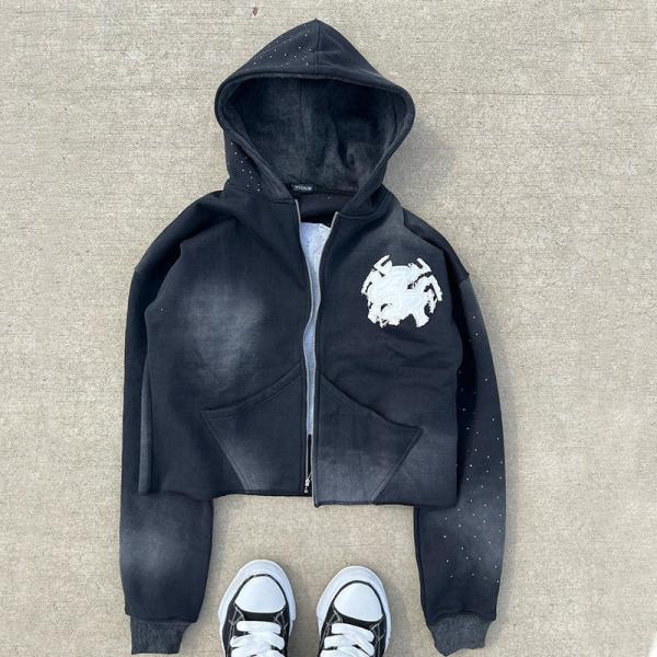 Zip Up Acid Wash Hoodies Distressed Embroidery Applique Custom French Terry Crop