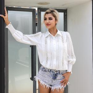 China Lantern Sleeved High Neck Flared Blouse Chic Black High Waisted Lace Tops With Stand Collar For Women wholesale