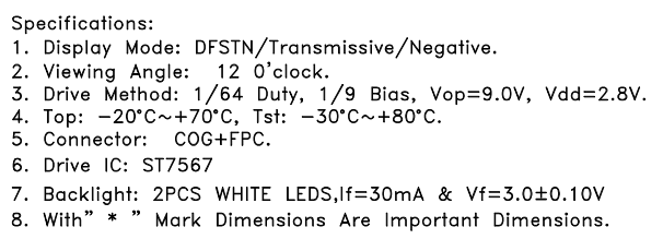 128x64 Resolution Instrument Display Module with ST7567 Drive IC and DFSTN Transflective Negative COG LCD Screen