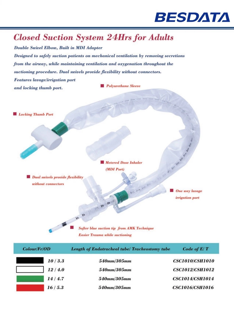 BESDATA Kim Vent closed suction system endotracheal tracheostomy ETT 24Hrs 72 Hrs adult pediatric secretion catheter tub