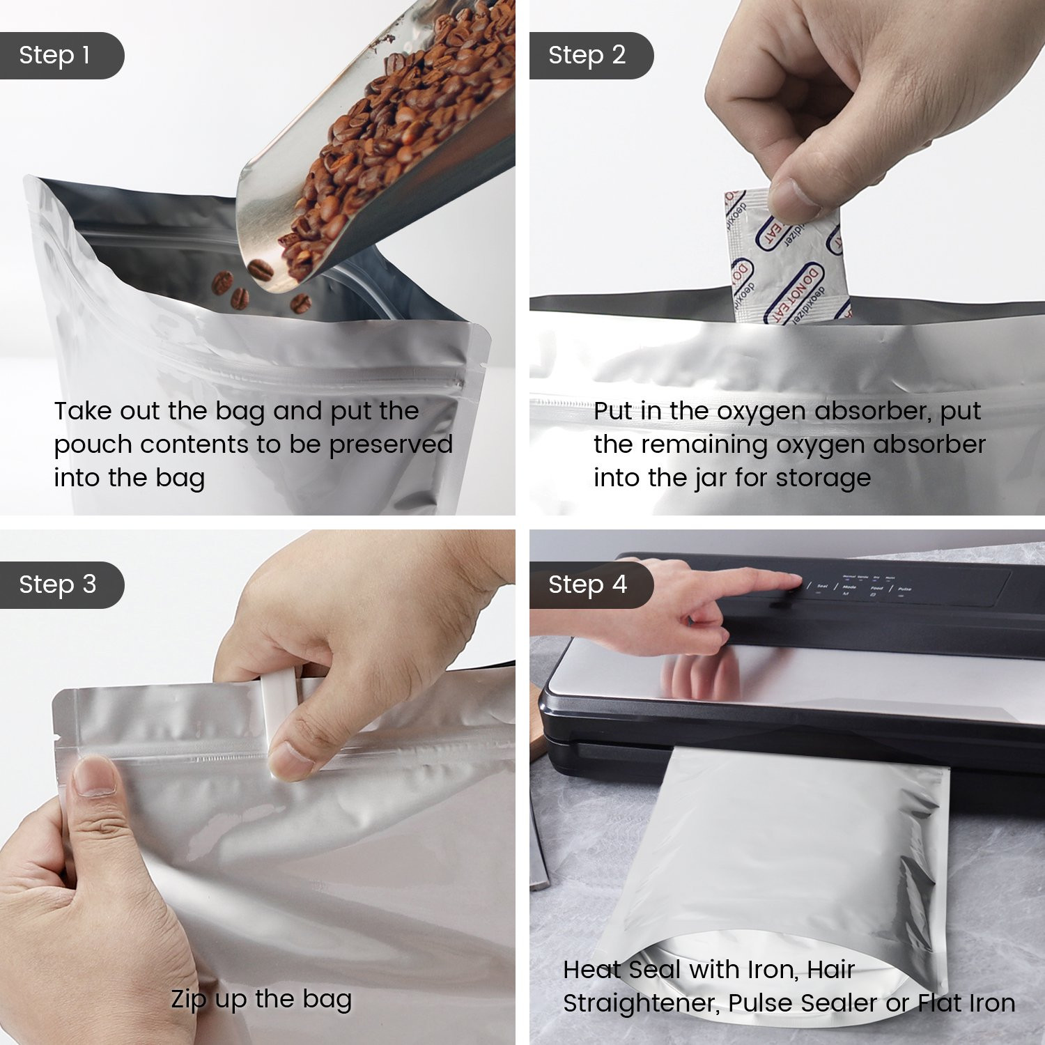 Custom Resealable Ziplockk Stand Up Mylar Bags With Oxygen Absorbers