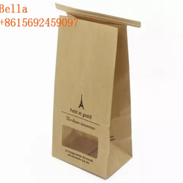 Square Block Customized Paper Bags Flat Bottom Window Kraft Paper For Coffee