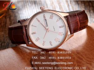 China Brand high quality Men's analog watch with stainless steel case and pu leather band wholesale