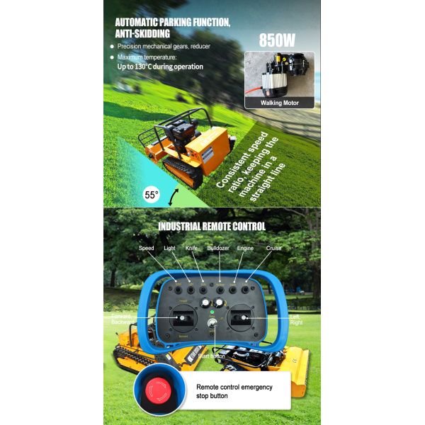 US Spot 2026 Hot Selling Remote Control Lawn Mower 1000mm Width Optional All Terrain Crawler Design Garden Orchard
