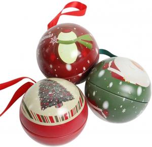 China Christmas Tree Baubles Ornaments Tinplate Candy Tin Box Xmas Tree Ball Pendant Kids Holiday Surprise Gift on sale