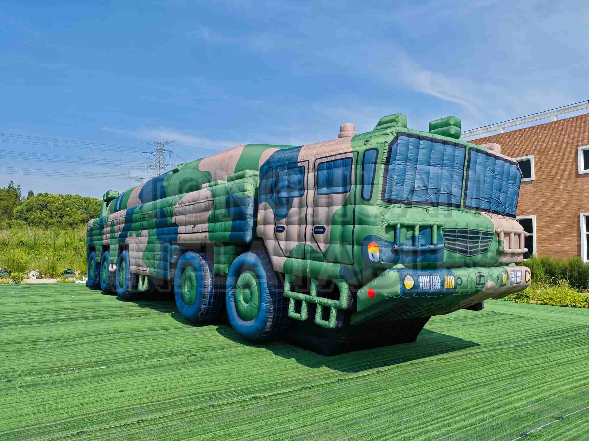 Custom Inflatable Launcher Vehicle Replica with Long Canister Body Multi Axle Chassis and Camouflage Printing for Training Displays and Outdoor