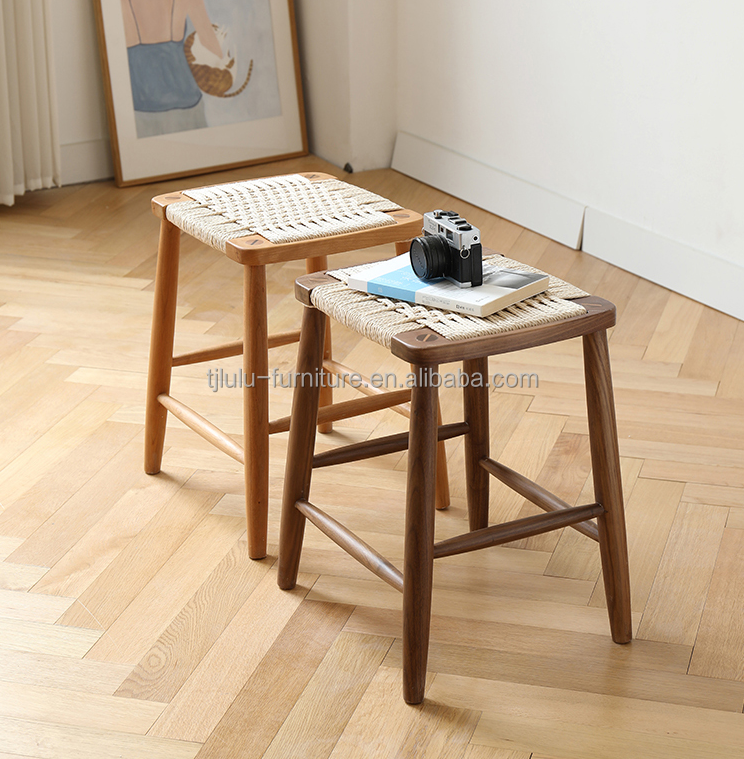 Modern Minimalist Nordic Bar High Stool Solid Wood Woven Rope Cafe Restaurant Stool For Events W30*D35*45/70CM