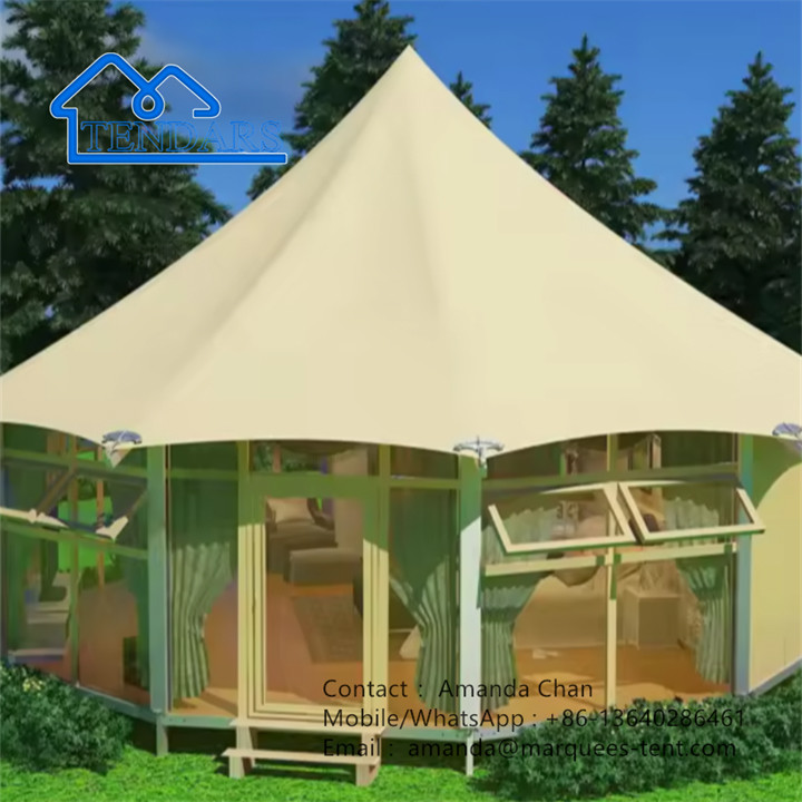 Customized Camping Outdoor Canvas Glass Wall Lodge Polygon Tent With Bathroom