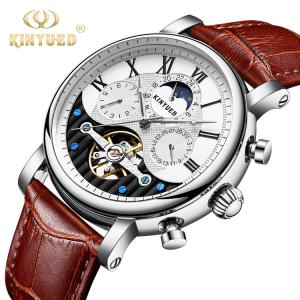 China KINYUED New Silver Case Moon Phase Clock Movement Genuine Crocodile Watch Strap Water Resistant Watch wholesale