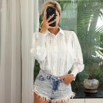Lantern Sleeved High Neck Flared Blouse Chic Black High Waisted Lace Tops With