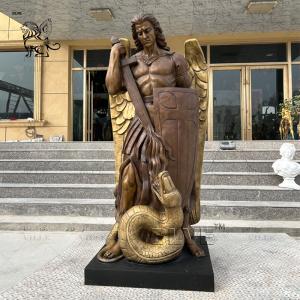China Bronze St Saint Michael Statue Archangel Sculpture Slaying Snake Brass Metal Angel Warrior Outdoor Life Size wholesale