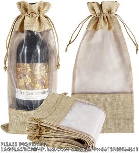 China Burlap Wine Bags With Sheer Window, Hessian Cloth Bottle Gift Bags With Drawstring For Christmas Holiday Wedding Party wholesale
