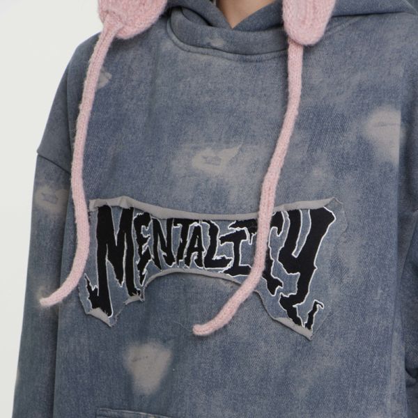 Support Customization Winter High Street Stickers Graffiti Dirt Stains Denim Oversized Hoodies Men's 3D Embroidery Heavy-duty