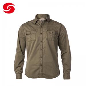 China 100% Cotton Long Sleeved Military Casual Shirts In Olive wholesale