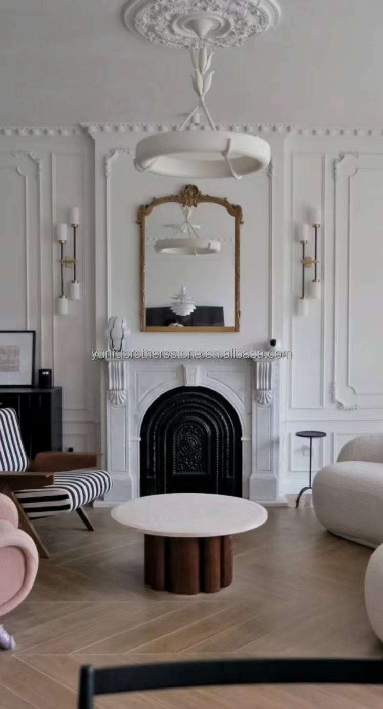 Villa Living Room Fireplace Surrounds Modern Indoor Marble Stone Fireplaces Customized