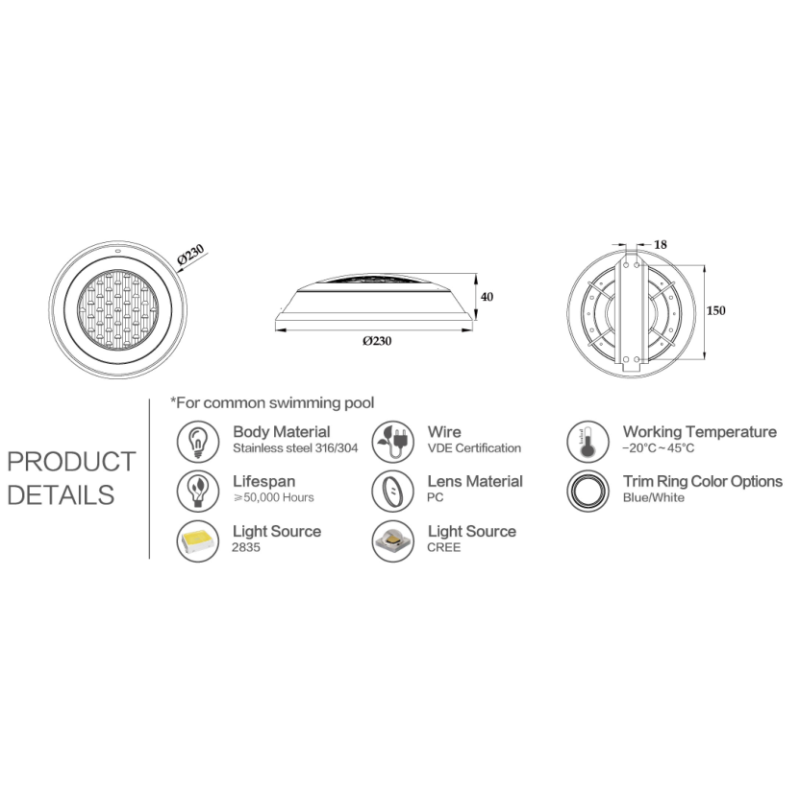 SS304 CREE 9W Inground Wall Mount Swimming Pool Lights