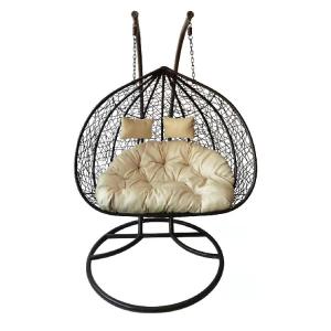 China Contemporary Indoor Outdoor Balcony Garden Portable Double People Hanging Rattan Wicker Egg Swing Chair with Cushion wholesale