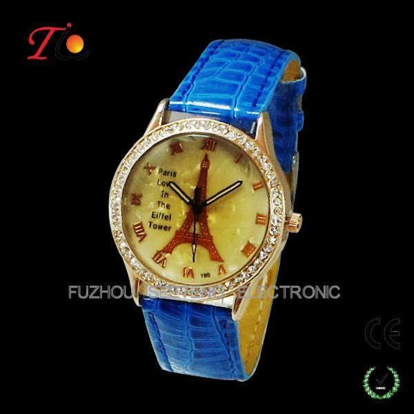 Quality Your own logo lady watches with Eiffel Tower on watch dial color PU leather band for sale
