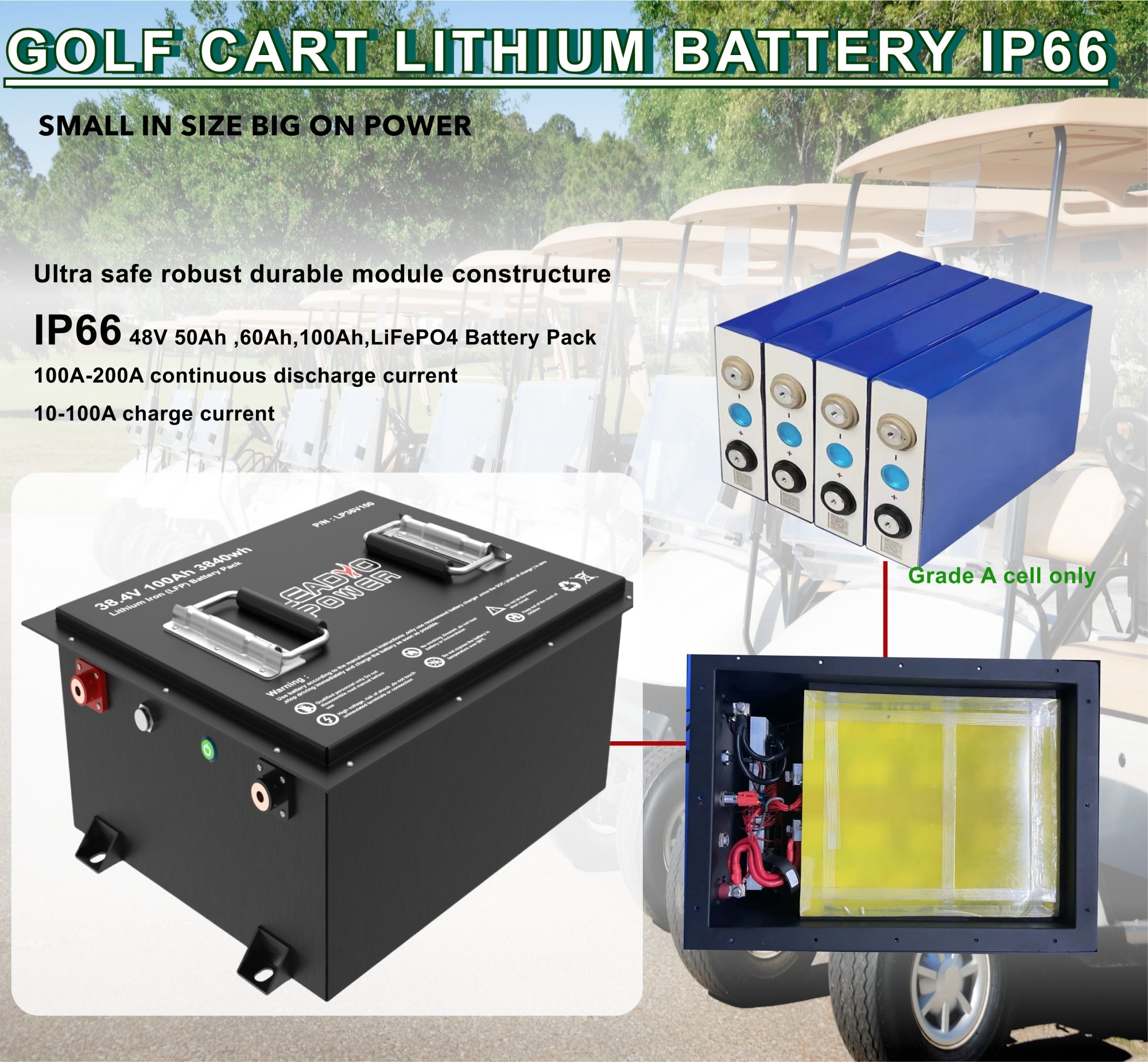Lithium Golf Cart 36V 38.4V 80Ah LiFePO4 LFP Battery Pack With Charger
