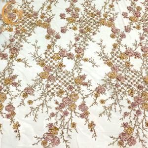 China 3D Beaded Sequined Embroidery Lace Fabric Gold Thread Sewing Pattern wholesale