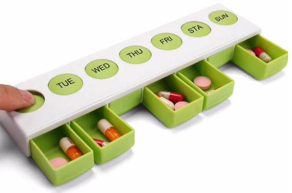 Weekly unique design spring push button medicine box, Monthly plastic medicine