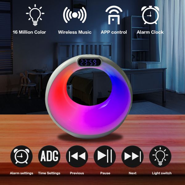 RGB Smart Wireless Charging Desk Lamp Mini Bedside Table Speaker Alarm Clock Bluetooth Night Light