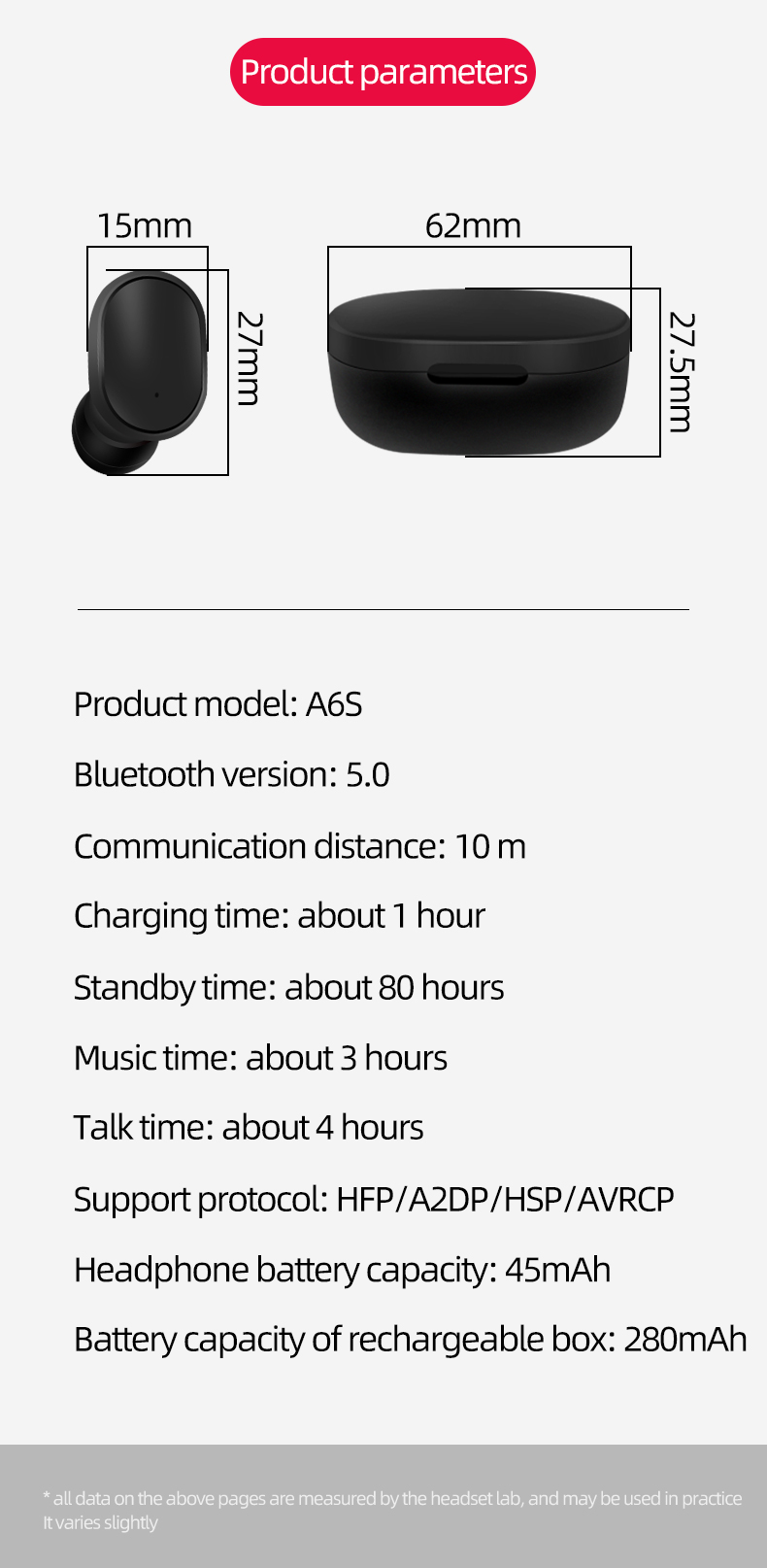Portable A8S BLE Waterproof Wireless Earphones 280mAh battery
