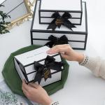 Rigid White Magnetic Cardboard Gift Boxes With Black Rim And Ribbon Bow