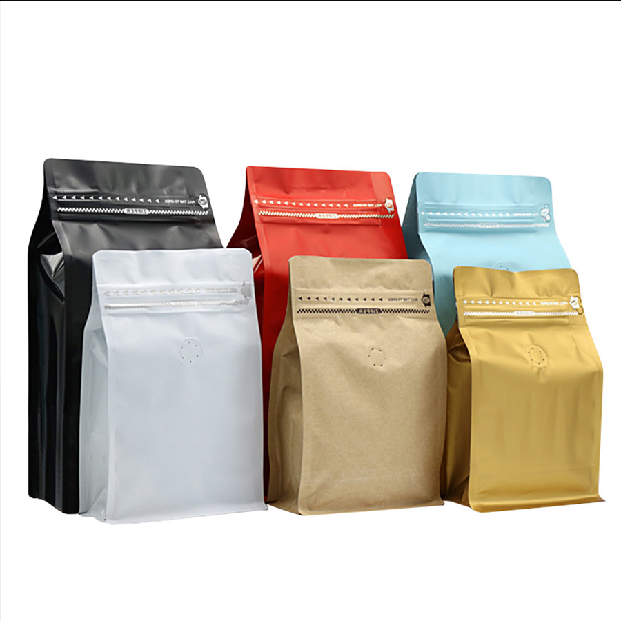 Coffee Bean Food Packaging Resealable Eight Side Sealing Flat Bottom Stand UP Zipper Bag With Valve