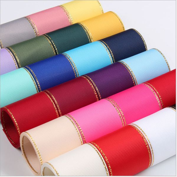 Elegant And Thin Satin Polyester Fancy Ribbon With Gold Edge Solid Grosgrain Ribbon