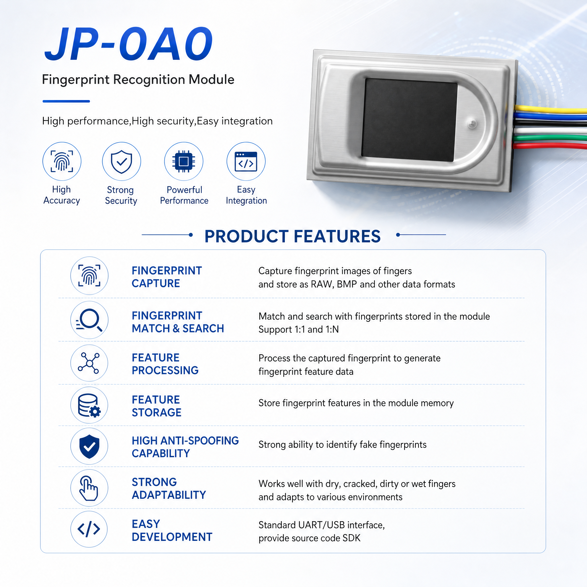 JP-0A0 Press Type Capacitive Fingerprint Sensor Module 192×192 Pixel 508DPI USB UART Interface 500 Fingerprint Storage for Access Control Lock