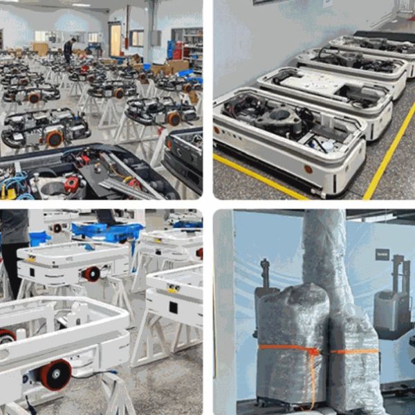 Indoor Warehouse AGV with WiFi 4G Ethernet Communication Interface 600KG Load Capacity and Four Steering Wheels Drive Method