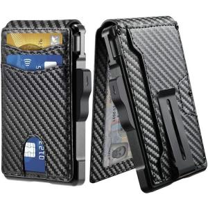 China 6-in-1 Black Carbon Fiber Genuine Leather Multifunctional Aluminum Card Wallet Back With Steel Money Clip wholesale