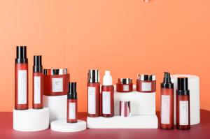 China Empty Cosmetic Packaging Set Red Color Frosted Printing Face Cream Serum Bottle wholesale