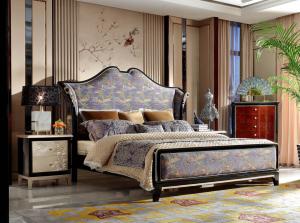 China Neoclassic design of Luxury Bedroom sets High end Bed Headboard in Glossy black wood with Golden painting Nightstands wholesale