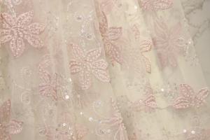 China Tulle Bridal Lace Fabrics , DTM Light Pink Lace Fabric 10yds Long wholesale