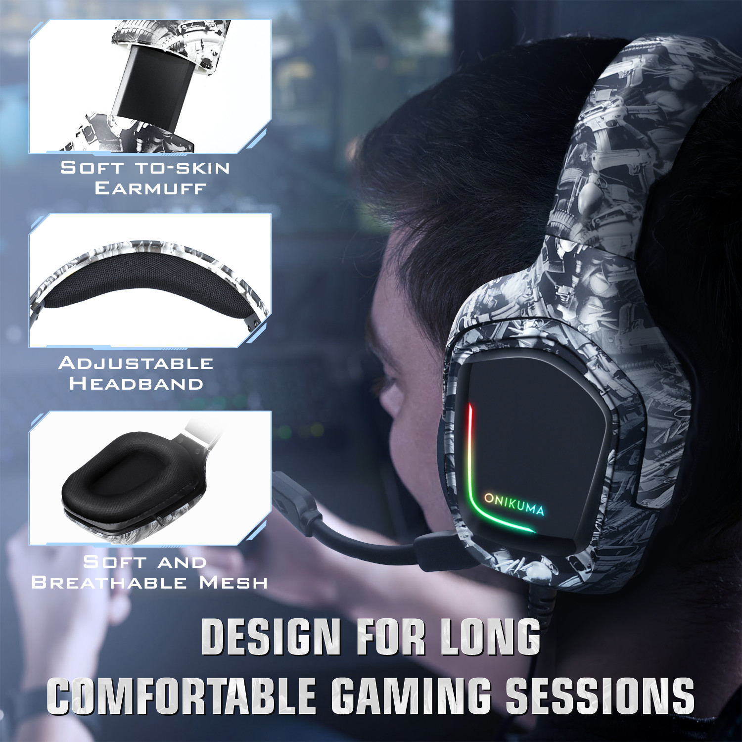 Noise Cancelling ABS PC Camouflage Gaming Headset DC5V ONIKUMA K20
